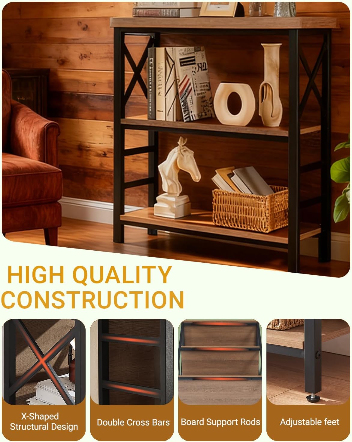 MNEETRUNG Book Shelf, Small 3-Tier Industrial Bookshelf with Strong Metal Frame & Backboard, 29.5" Short Bookcase for Small Spaces, Living Room, Bedroom and Home Office, Brown