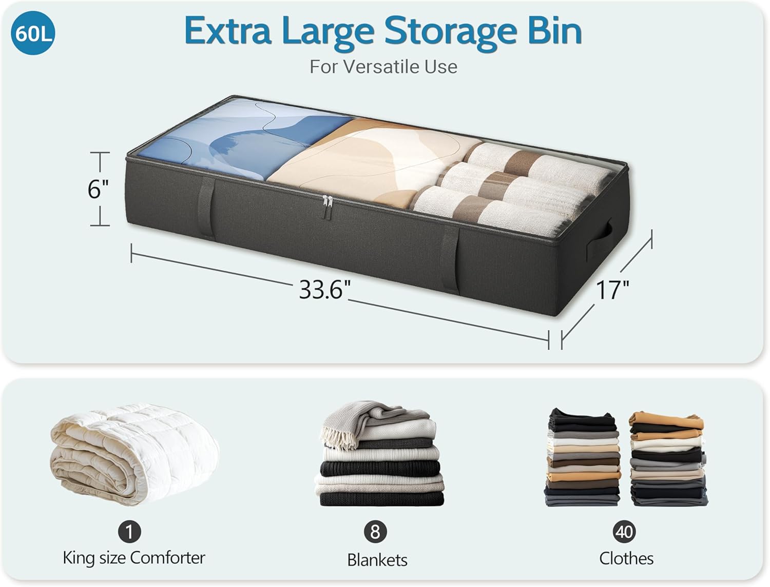 2-Pack Under Bed Storage, 6 Inches Tall Closet Organizers and Storage Bins with Sturdy Sidewalls/Bottom/4 Handles, Black