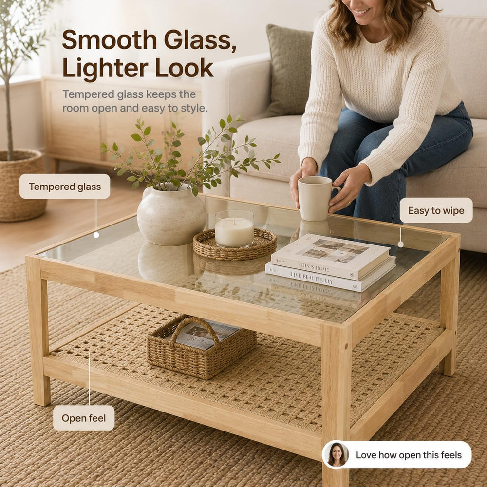31.5" Square Tempered Glass Coffee Table, 2-Tier Woven Shelf, Wood