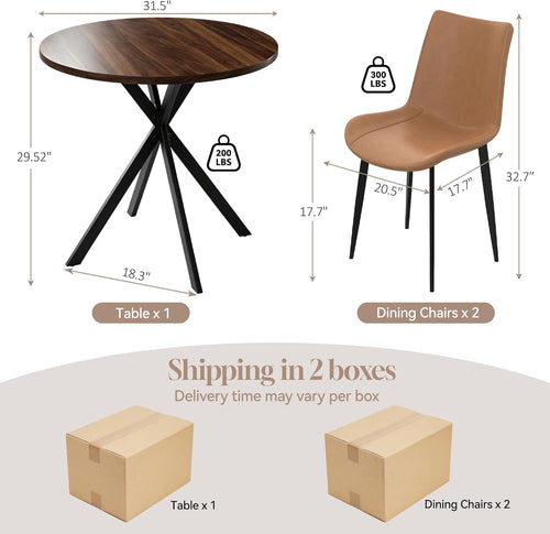 31.5" Round Dining Table and Chairs Set for 2, Small Dining Table Chairs Set Space-Saving, Small Dinette Sets for 2 for Kitchen Dining Room Apartment(Walnut Table + Brown Chairs)
