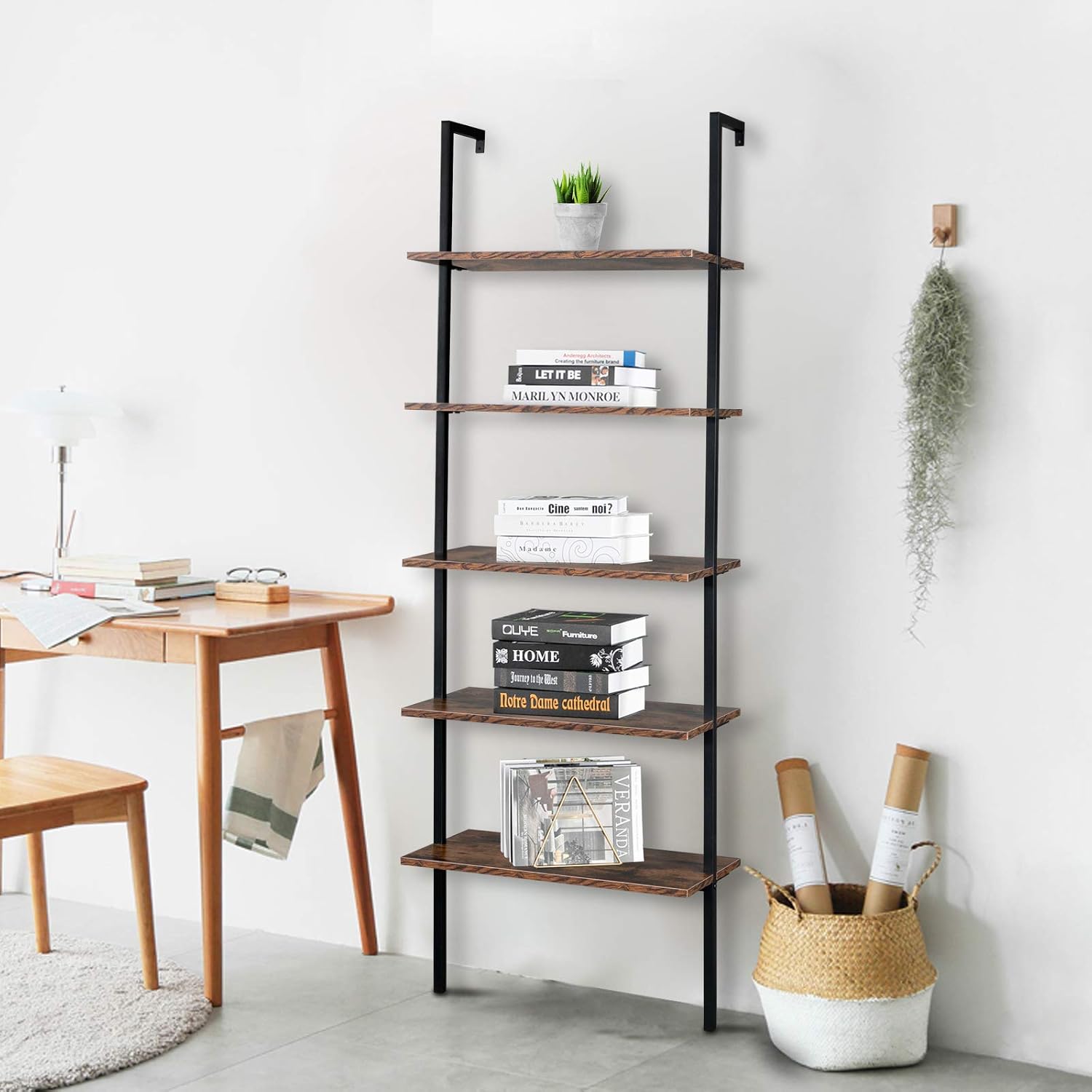5-Tier Wall Mounted Ladder Shelf, Industrial Bookshelf with Metal Frame, Rustic Brown Bookcase for Home Office Living Room, Storage Rack for Home Office,Industrial Display Rack Books