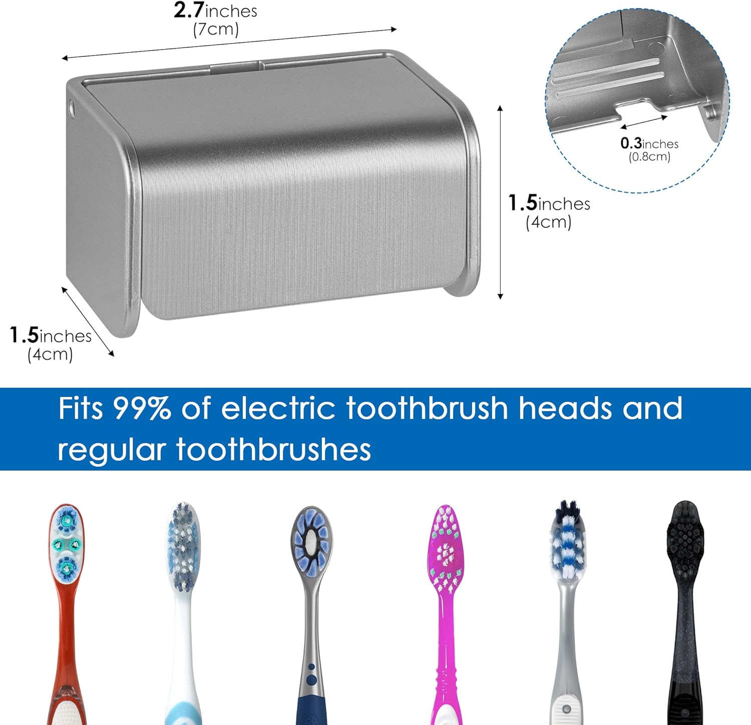 Toothbrush Holder Wall Mounted with Cover for Bathroom, 2 Slots Toothbrush Storage Organizer for Shower, Self Adhesive Toothbrush Hanger Rack for Dorm, Cabinet (Brushed Silver)