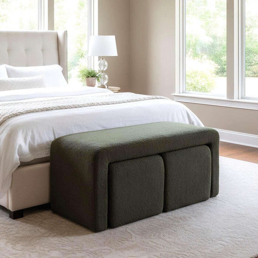 ROCITY Green Boucle Bedroom Bench Small Upholstered Entryway Bench Modern She...