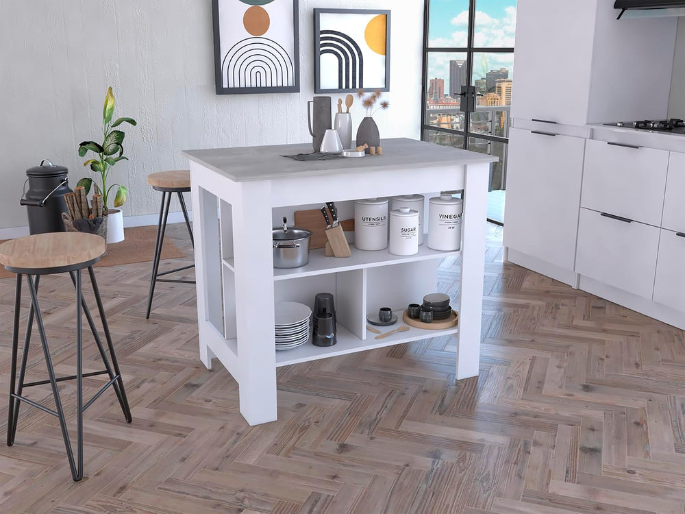 Kitchen Island with Four Legs and Three Shelves - White/Ibiza Marble | Three ...