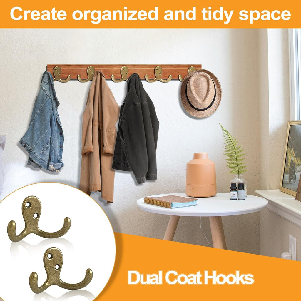 10 Pack Coat Hooks Wall Hooks for Hanging, Heavy Duty Double Prong Metal Hook Wall Mounted for Living Room, Bathroom, Kitchen, Bedroom for Coat, Bag, Scarf, Towel, Hat, Key, Cup (Bronze)