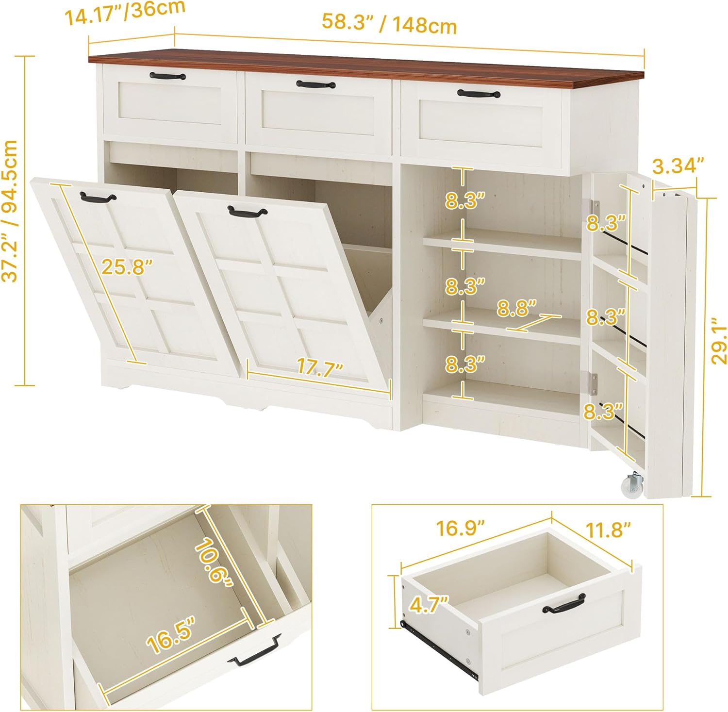 DWVO 58.3" Rustic Kitchen Island Storage Cabinet | Tilt Out Trash Can Cabinet, Farmhouse Kitchen Island with 3 Drawers, 2 Tilt-Out Doors for 10 Gallon Bins, Adjustable Shelf