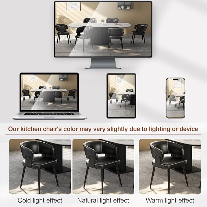 Modern Dining Chairs Set of 6, Upholstered Faux Leather Kitchen Side Chairs with Curved Open Back, Elegant Decorative Stitching, Easy Assembly for Dining Room, Restaurant, Cafe, Vintage Black
