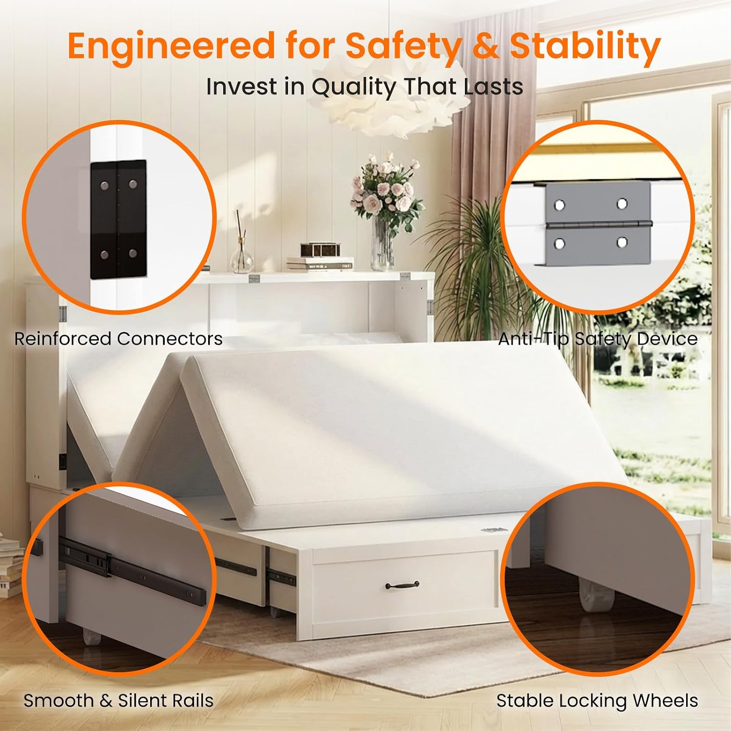 CECER Queen Size Murphy Bed with Storage & Charging Station,Multi-Functional Murphy Cabinet Bed with Mattress Included for Bedroom/Guest Room/Small Space,Easy Assembly -White | Murphy Bed Queen with 2 Storage Drawers,Cabinet Bed with Built-in Multi-Port
