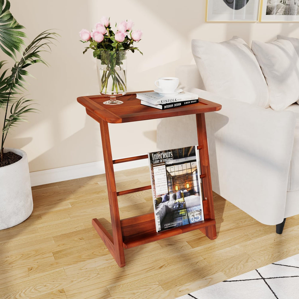 C-Shaped End Table for Couch, Acacia Wood Sofa Side Table & Nightstand wi...
