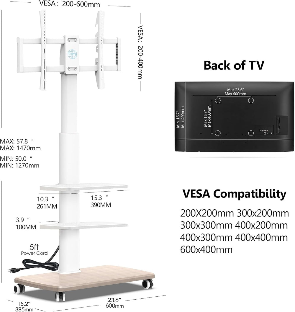 FITUEYES Rolling TV Stand with Power Outlets, for 32-75 InchTVs, White | Swiv...