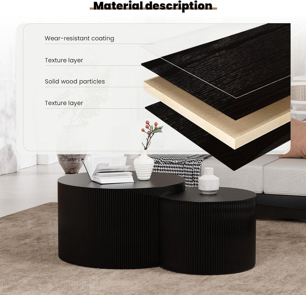 Nesting Coffee Table for Living Room, Round Coffee Table Set of 2 Drum Nestin...