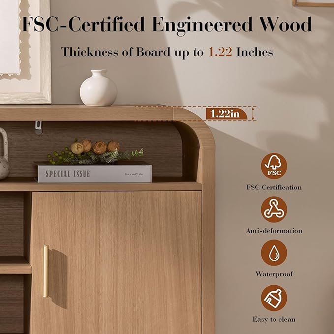 TV Stand for TVs Up to 65'' - [Unique Curved Profile, FSC-Certified Wooden Board] Entertainment Center with Adjustable Shelves and Storage Cabinet Modern Media Console for Living Room