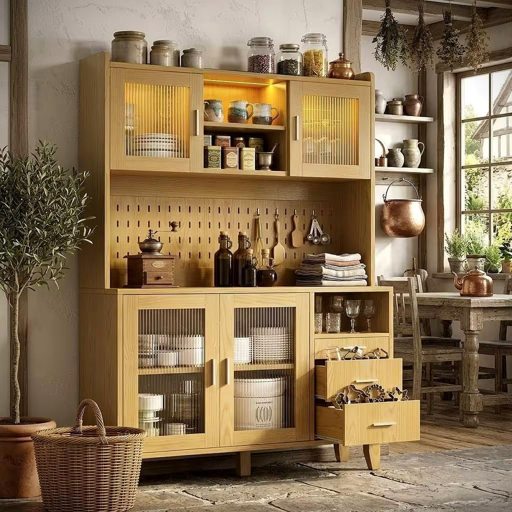 71" Tall Hutch Cabinet with LED Light & Charging Station | Kitchen S...