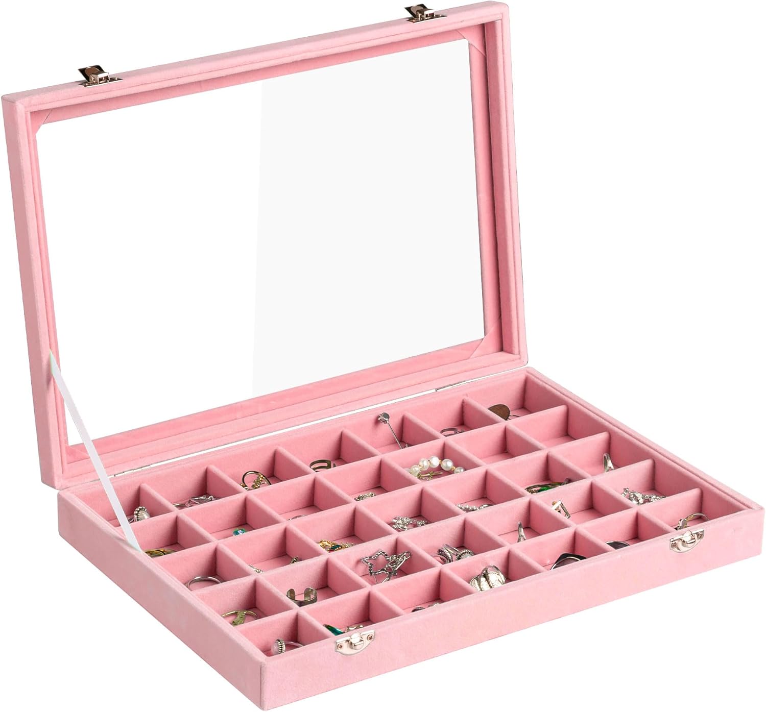 Frebeauty Velvet Jewelry Tray,35 Grid Jewelry Organizer with Clear Lid,Earring Holder Organizer Case with Clasp,Drawer Insert for Rings Studs,13.8 x 9.5 x 2 Inches,Gift for Women Girls(Pink)