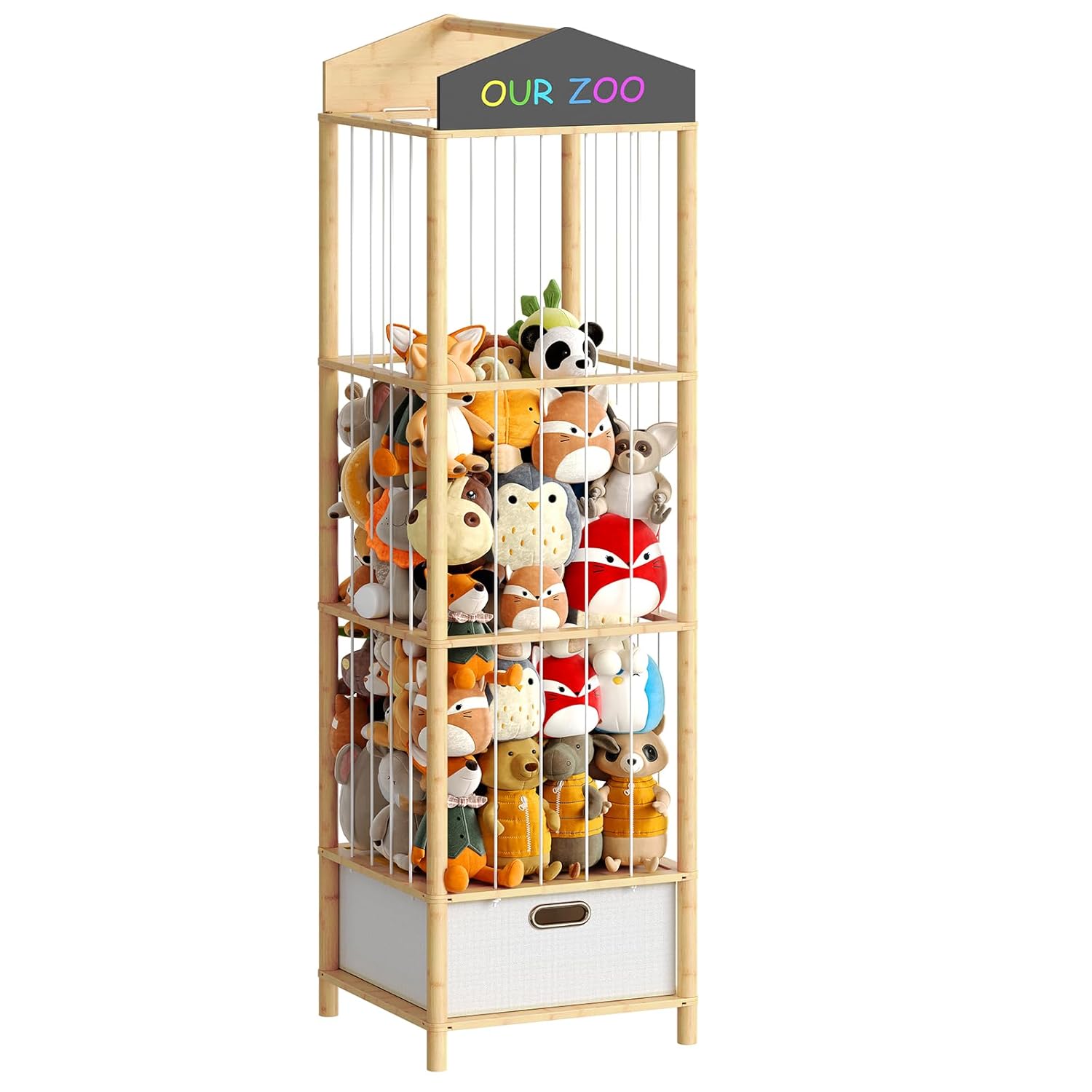 HOOBRO Stuffed Animal Storage & Organizer, Bamboo Stuffed Animal Holder with Fabric Drawer and DIY Chalkboard, Plush Toy Organizer for Playroom, Living Room, Nursery, Natural and Beige YL66CW01