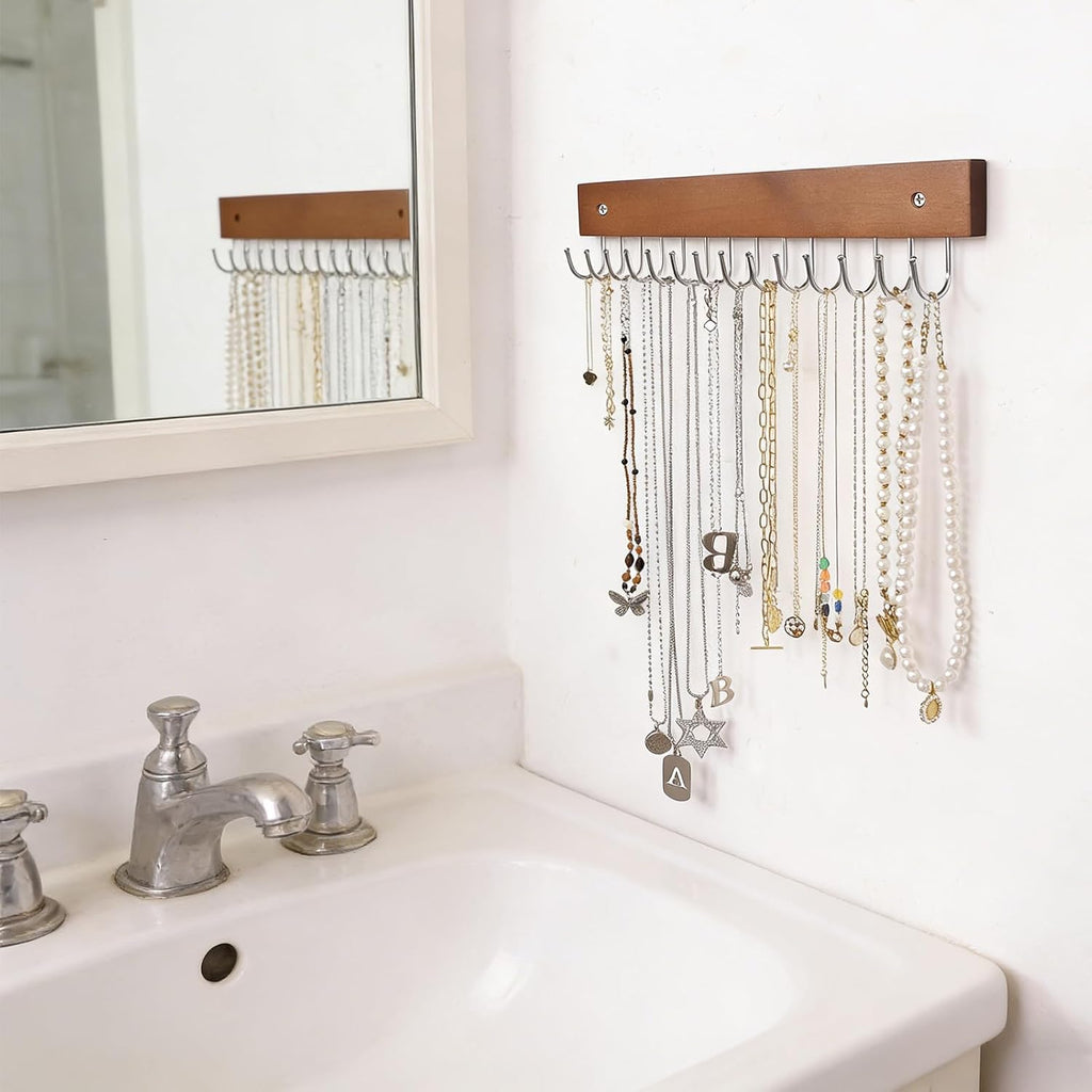 SCUNDA Hanging Jewerly Organizer for Wall, Wall Mounted Necklace Holder, Wood Wall Mount Jewerly Organizer for Earrings Bar, Hanging Rings, Necklaces and Bracelet, Nice Gift for Woman (2pack,Brown)