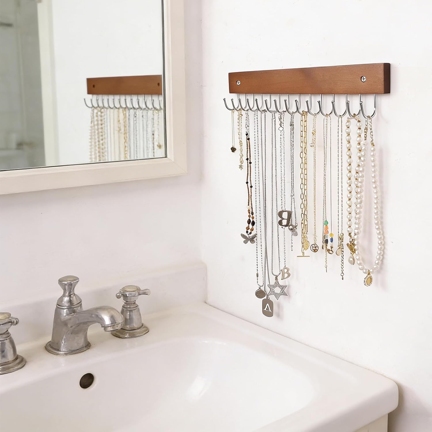 SCUNDA Hanging Jewerly Organizer for Wall, Wall Mounted Necklace Holder, Wood Wall Mount Jewerly Organizer for Earrings Bar, Hanging Rings, Necklaces and Bracelet, Nice Gift for Woman (2pack,Brown)