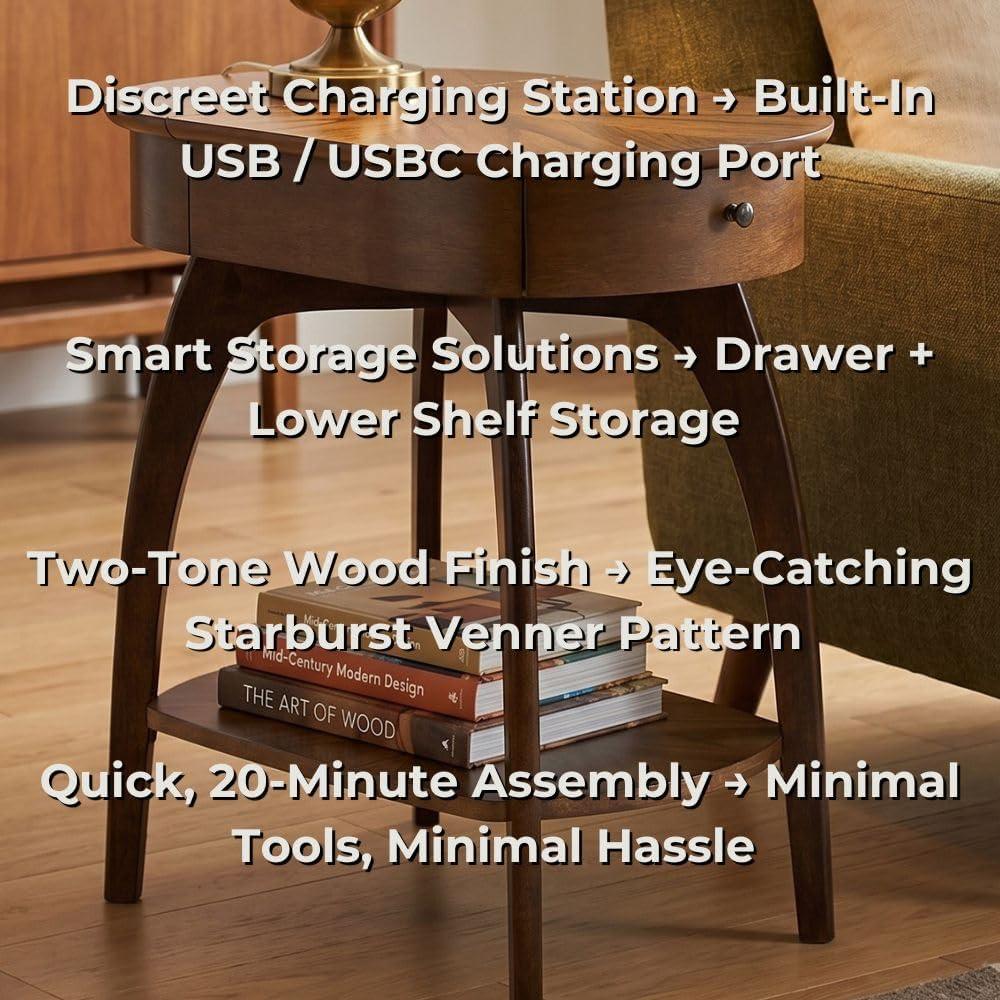 LAX Mid-Century Modern Wood Chairside End Table with USB Charging Station, Dr...