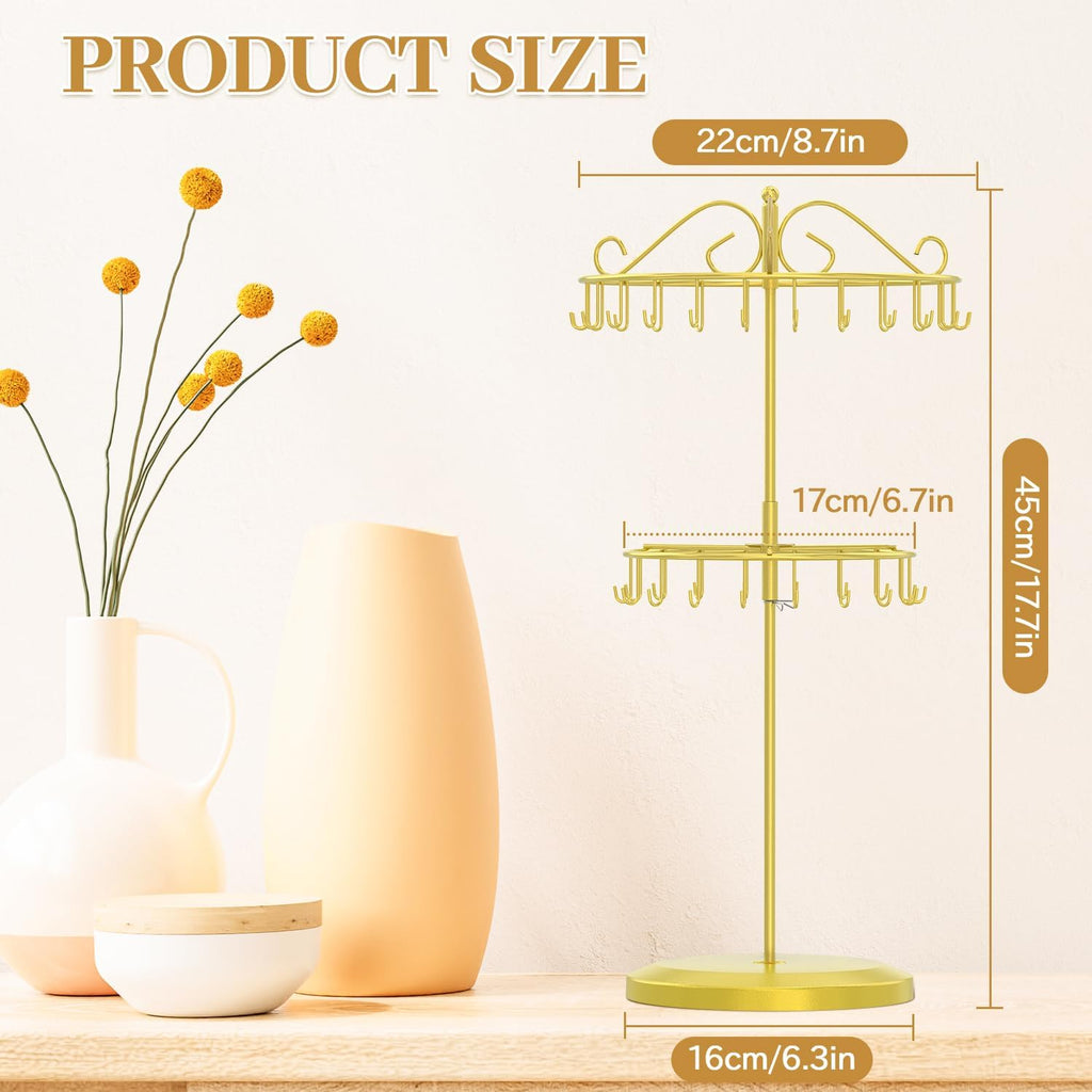 MODOWEY Rotating Necklace Holder Organizer Display Stand with 42 Hooks, 2 Tier Adjustable Metal Tree for Long Necklace Hanger Selling, Tall Spinning Bracelet Storage Rack for Men Women, Gold