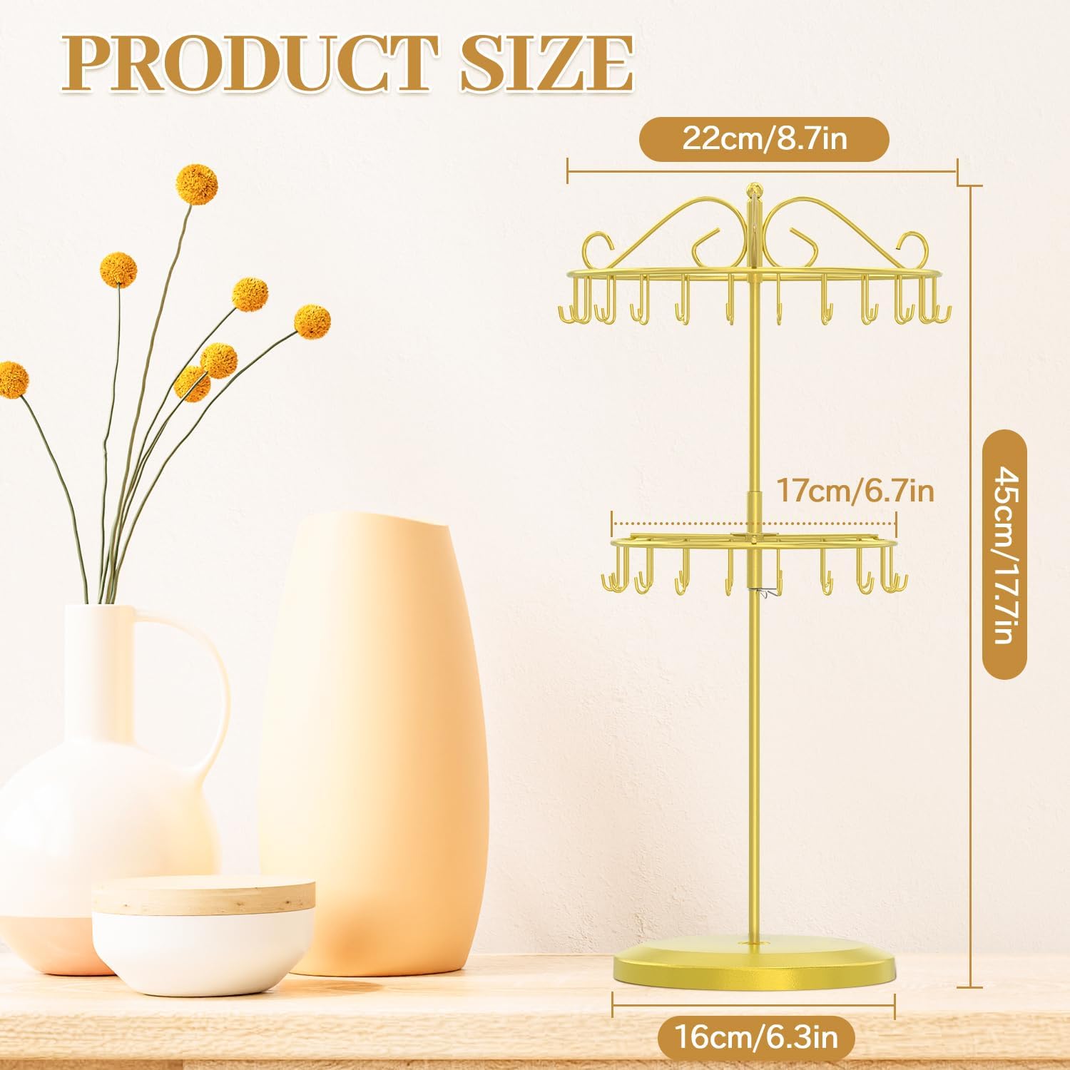 MODOWEY Rotating Necklace Holder Organizer Display Stand with 42 Hooks, 2 Tier Adjustable Metal Tree for Long Necklace Hanger Selling, Tall Spinning Bracelet Storage Rack for Men Women, Gold
