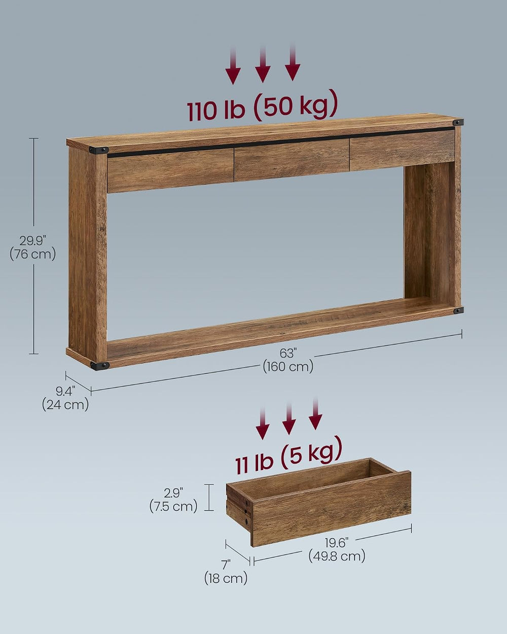 VASAGLE 63" Console Table with 3 Drawers, Entryway Table, Bottom Shelf |...