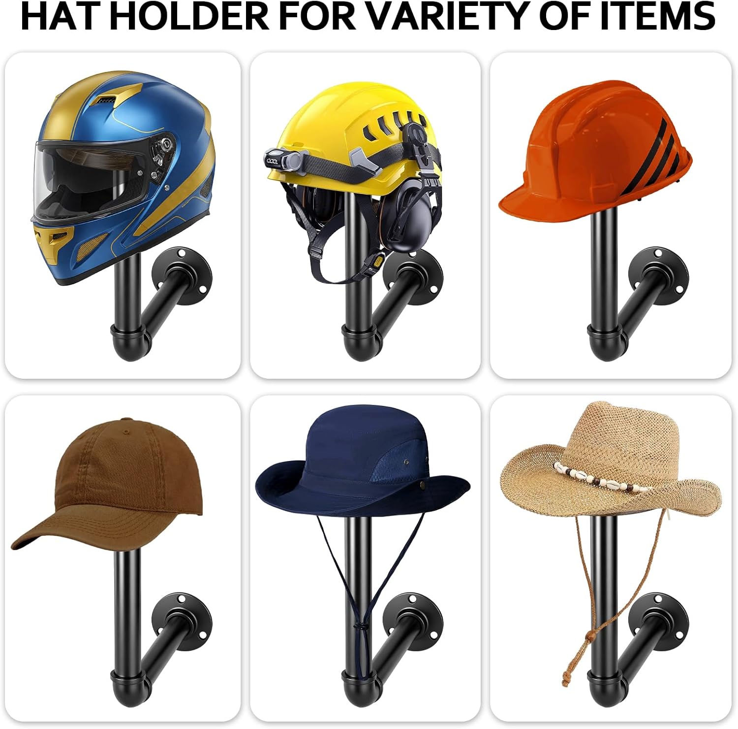 4PCS Cowboy Hat Rack Wall Mount, Wooden Western Rustic Metal Hanger, Wall Mounted Helmet Hanger for Multifunctional Display Hanger Stand for Cap Wig Hats, Fedora, Sun Hats