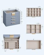 SONGMICS Jewelry Box Organizer with Glass Lid, 4-Layer Jewelry Storage, with 3 Drawers, Modern Style, Christmas Gift, 6 x 9.9 x 8.5 Inches, Smoky Blue and Gold Color UJBC161Q01