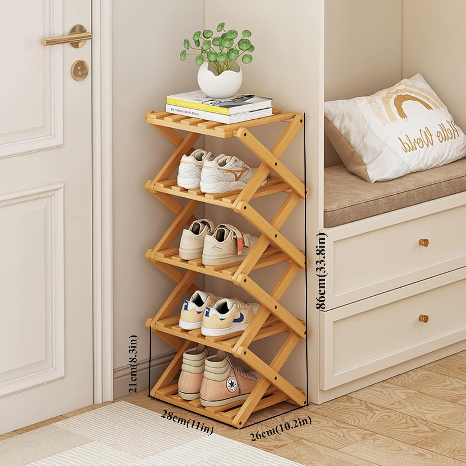 5 Tier Foldable Shoe Rack, Bamboo Vertical Shoe Organizer Tall for Multifunctional Narrow Shoe Shelf for Entryway, Closet, Corner, Bedroom, Hallway(Natural)