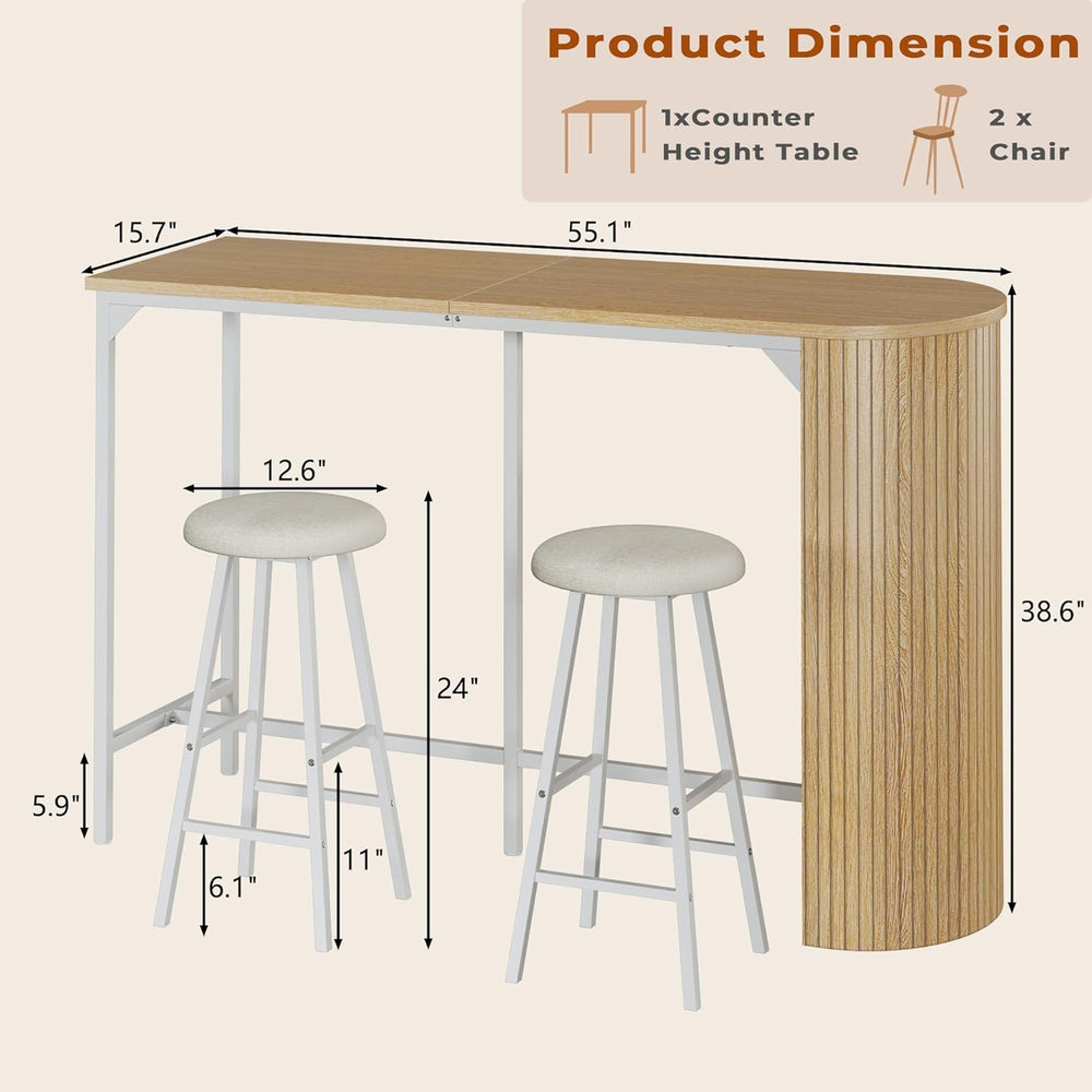Fluted Bar Table and Chairs Set, 55'' Long Bar Tables with 2 Stools, ...