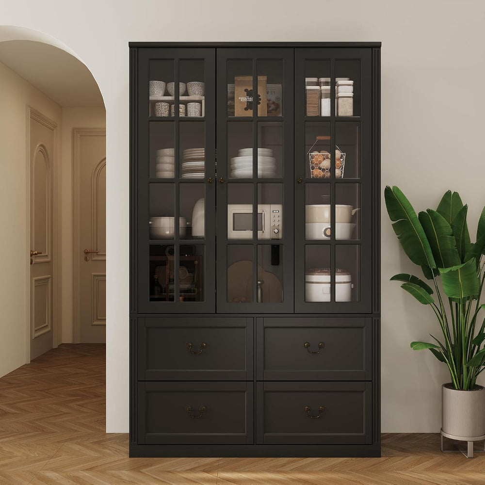 AGOTENI 47.2" W Pantry Cabinet with Glass Doors & 4 Drawers, Wooden ...