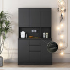 74" Kitchen Pantry Cabinet with Microwave Stand Tall Pantry Storage Cupboard with 6 Doors,3 Shelves and 2 Drawer Modern Kitchen Hutch with Countertop, Black A