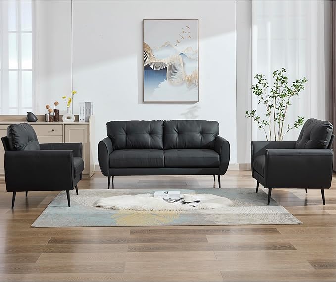 TYBOATLE Sofa Couch 61" Small Loveseat Couches for Living Room Leather Couch Mid Century Modern Tufted Mini Sofa Comfy Office 2 Seat Settee Love Seat for Small Spaces Bedroom (3, Black)
