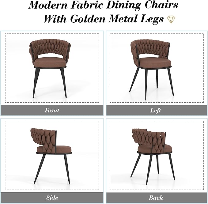 KCC Fabric Dining Chairs Set of 2, Modern Dining Chair with Metal Legs, Woven Upholstered Dining Chairs for Dining Room, Kitchen, Vanity, Living Room (Brown)