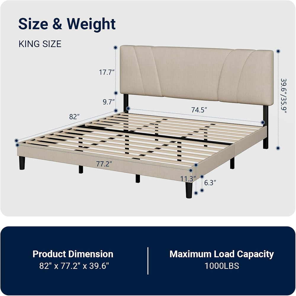 Avenco King Bed Frame, Upholstered Platform Bed Frame with Adjustable Headboa...