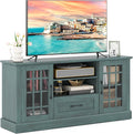 GOFLAME Farmhouse TV Stand for TVs up to 70", Entertainment Media Center Storage Cabinet with Glass Doors, Open Shelves & Drawer, Wooden Television Console Table for Living Room (Teal Blue)
