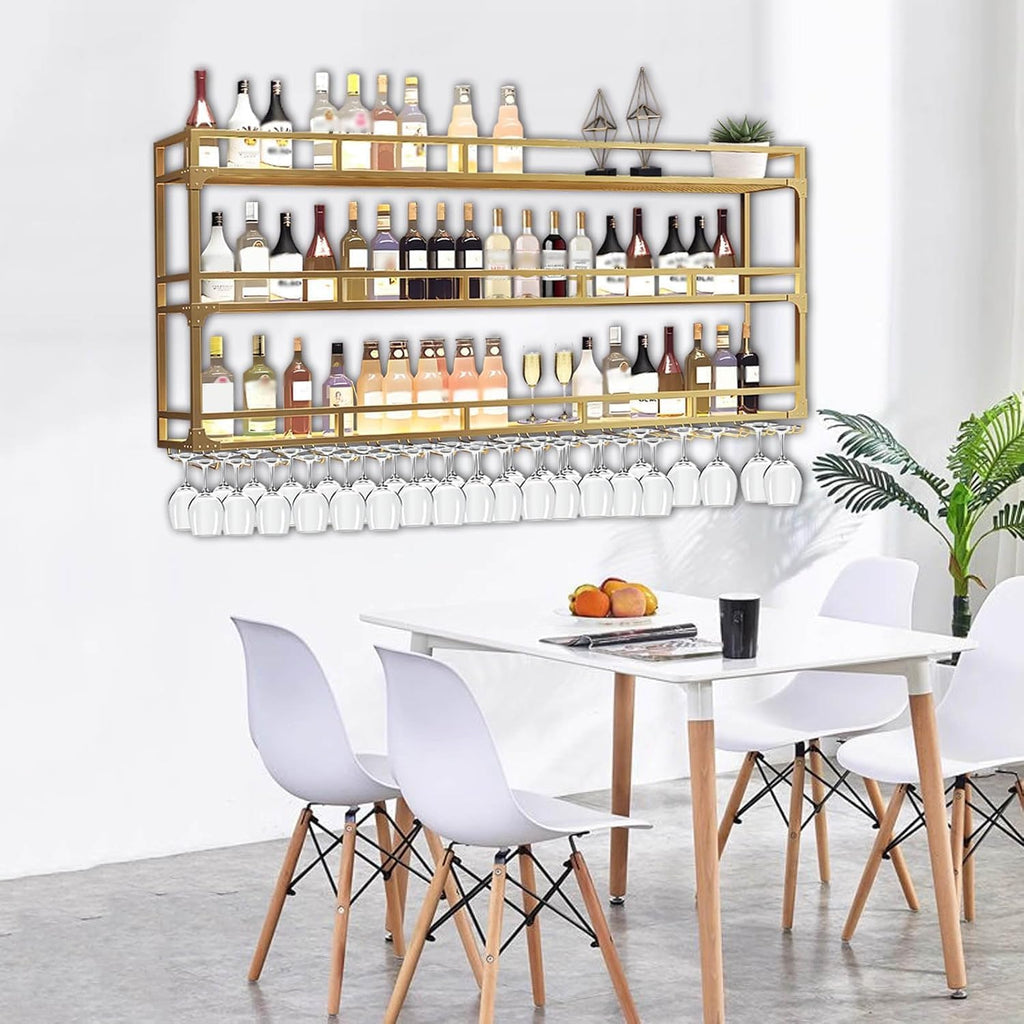 Wall Mounted Wine Rack, Floating Industrial Liquor Glass Holder 3 Tiers, Large Metal Wine Bottle Display Rack Hanging Shelf, for Home Bar Dining Room Decorative (Gold, 47.24x35.43x9.84in)
