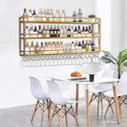 Wall Mounted Wine Rack, Floating Industrial Liquor Glass Holder 3 Tiers, Large Metal Wine Bottle Display Rack Hanging Shelf, for Home Bar Dining Room Decorative (Gold, 47.24x35.43x9.84in)