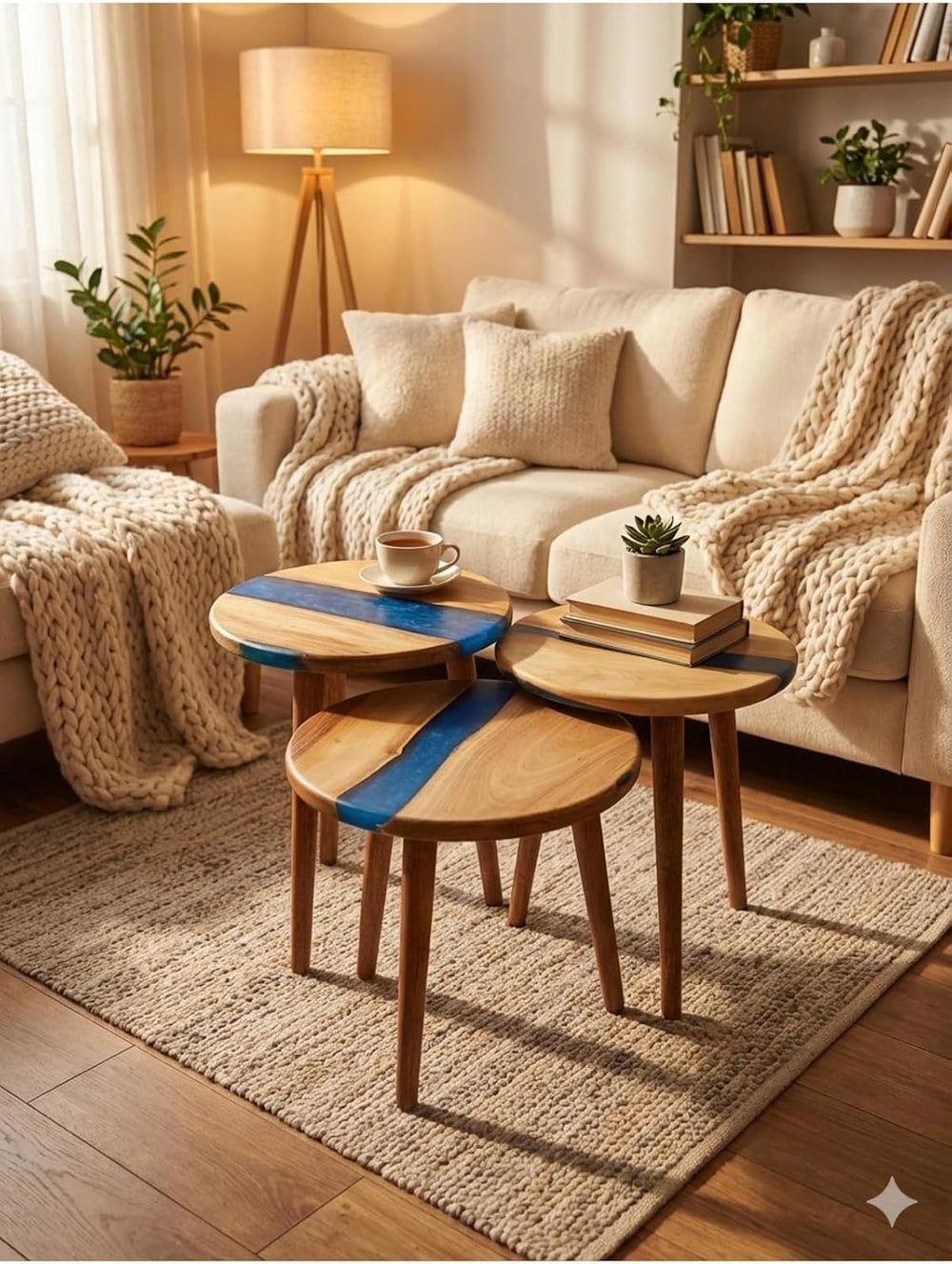 3-Piece Round Nesting Side Table Set 15.7 in | Navy Blue Epoxy & Walnut W...