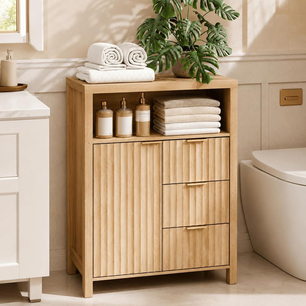 VINGLI Bathroom Storage Cabinet with 3 Drawers & Door, Slim Freestanding ...