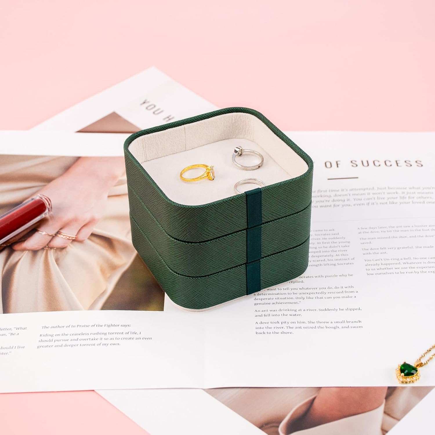 SANQIANWAN Set of 3 Small Stackable Jewelry Organizer Trays Mini Jewelry Drawer Oragnizer Small Jewelry Display Tray for Necklace Bracelet Rings Earrings and Makeup (DarkGreen)