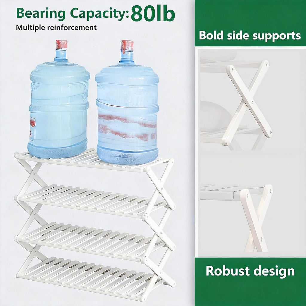 3 Tier Bamboo Shoe Rack White,Portable Folding Shoe Storage Rack,Without Installation Small Shoe Rack Perfect for Corridors, Drom, Bedrooms and Small Spaces