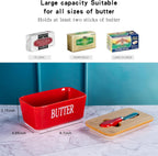Red Butter Dish with Lid for Countertop, Large Ceramic Covered Butter Stick Holder Container for Fridge