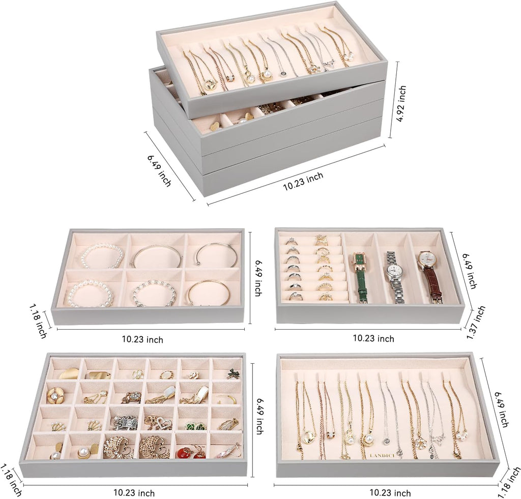 LANDICI Stackable Jewelry Organizer Trays 4 Set,PU Leather Jewelry Organizer Drawer,Jewelry Storage Display Tray for Earring Necklace Rings Bracelet with Removable Dividers,Grey