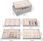 LANDICI Stackable Jewelry Organizer Trays 4 Set,PU Leather Jewelry Organizer Drawer,Jewelry Storage Display Tray for Earring Necklace Rings Bracelet with Removable Dividers,Grey