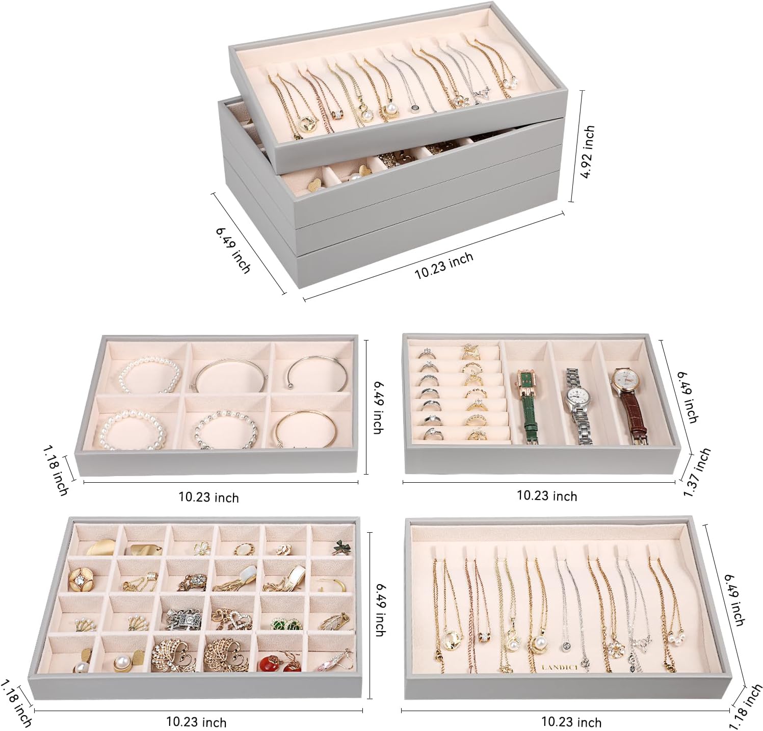 LANDICI Stackable Jewelry Organizer Trays 4 Set,PU Leather Jewelry Organizer Drawer,Jewelry Storage Display Tray for Earring Necklace Rings Bracelet with Removable Dividers,Grey