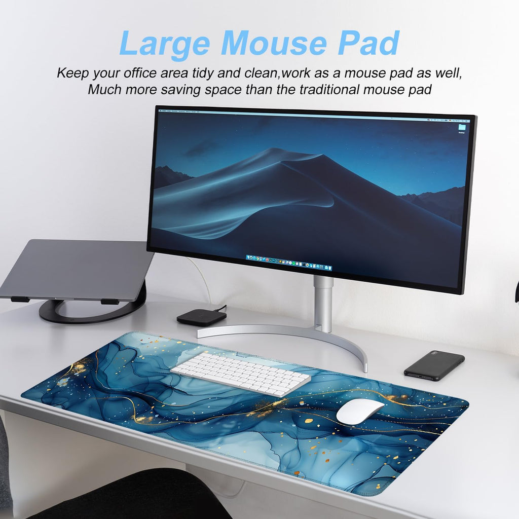 Marble Mouse Pad XXL – Large Blue Gold Marble Texture Desk Mat, Extended Non-Slip Mousepad for Office, Home, Workstation, Elegant Aesthetic Decor,31.5 x 11.8 in