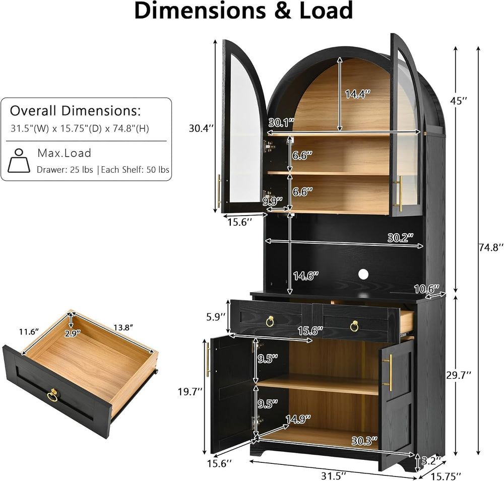 74.8" Tall Arched Kitchen Pantry with Power Outlet & LED Light, Kitc...