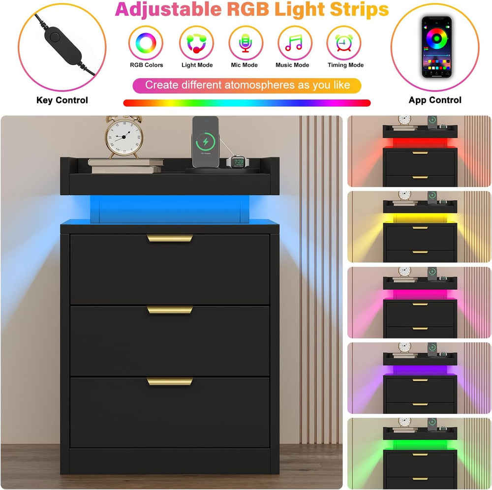 knoworld LED Nightstand with Charging Station & USB Ports, 3-Drawer Bedsi...