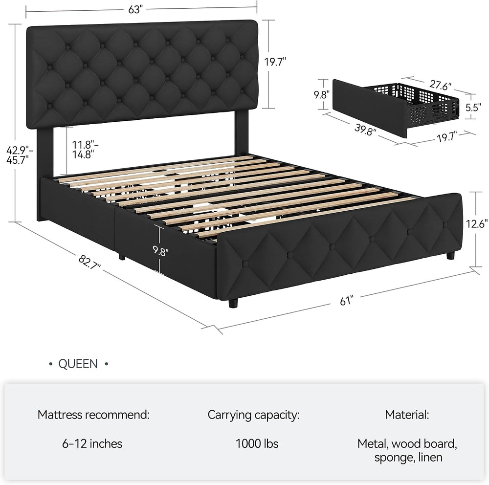 Queen Size Bed Frame with 4 Storage Drawers, Linen Upholstered Platform Bed F...