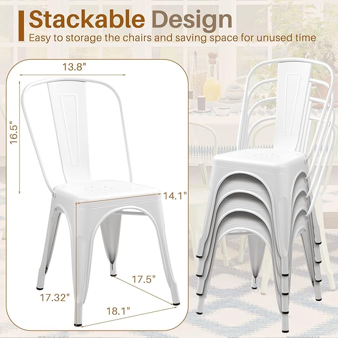 Furmax Metal Dining Chair Indoor Outdoor Use Stackable Classic Trattoria Chair Chic Dining Bistro Cafe Side Metal Chairs Set of 4 (Ivory White)